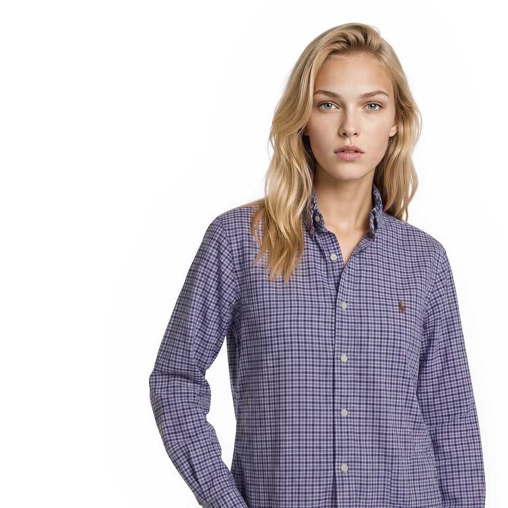 Ralph Lauren Ruffle Collar Shirt Women's Size Small Purple Gingham Cropped